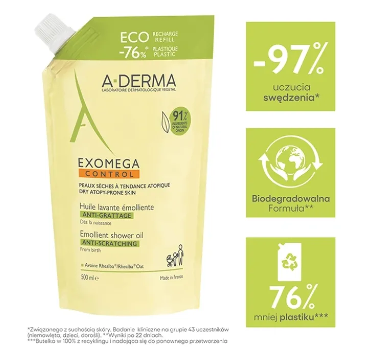 A-Derma Exomega Control olejek emolient pod prysznic przeciw drapaniu Refill 500 ml