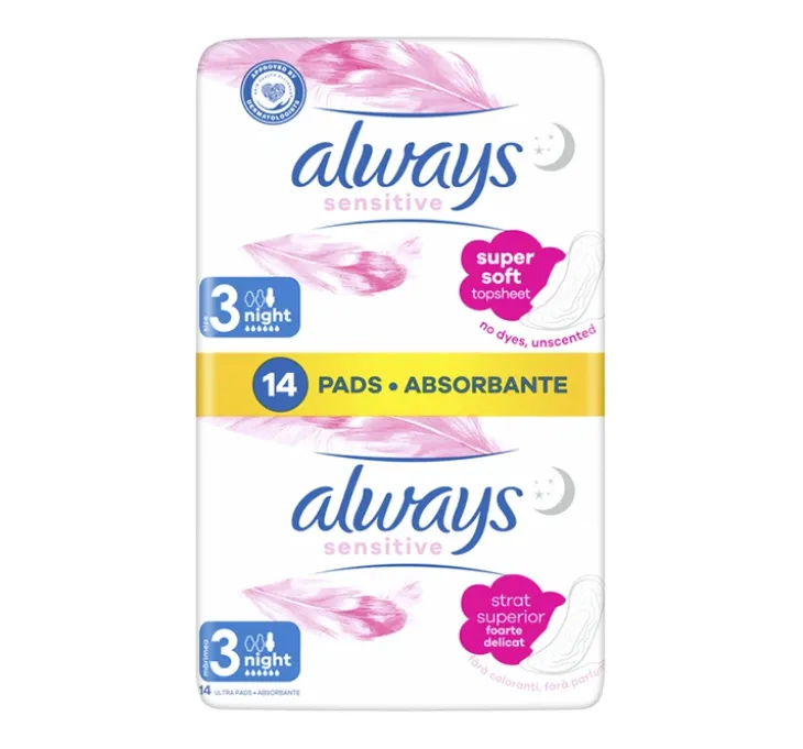 Always Sensitive podpaski higieniczne ze skrzydełkami 3 Night 14 sztuk