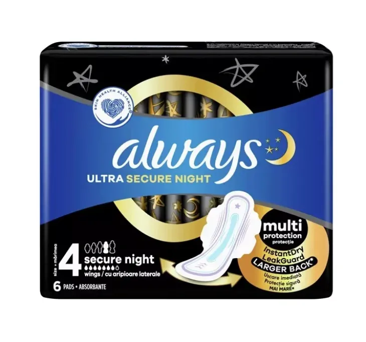 Always Ultra podpaski higieniczne ze skrzydełkami 4 Secure Night 6 sztuk
