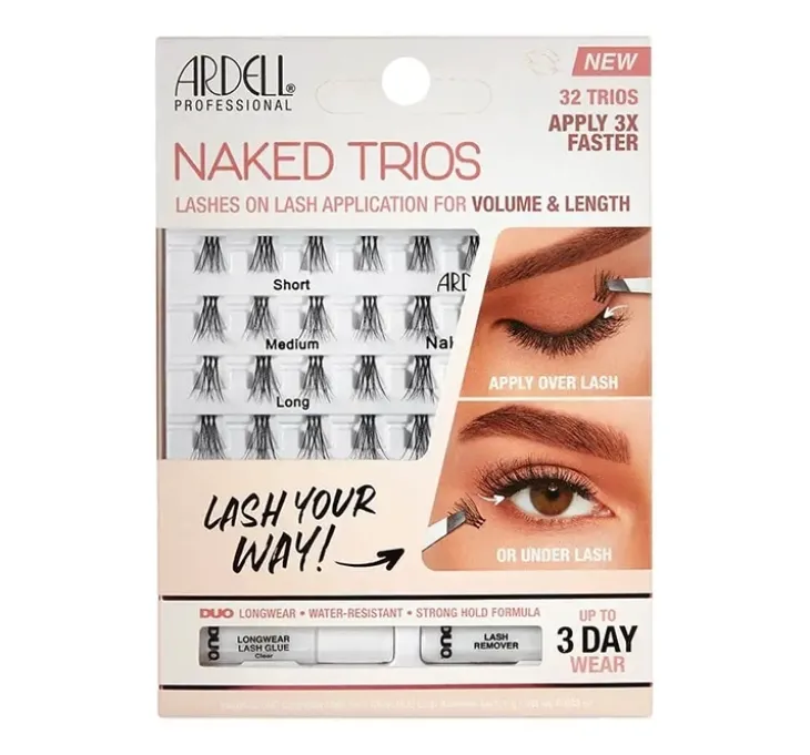 Ardell Naked Trios zestaw sztuczne rzęsy w kępkach S+M+L + klej + remover
