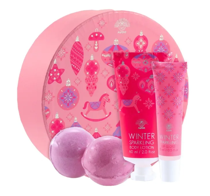 Aurora Lotus Flower zestaw prezentowy balsam do ciała 60 ml + błyszczyk do ust 10 ml + kule musujące do kąpieli 2 x 30 g
