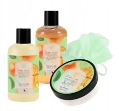 Aurora Mango & Pear zestaw prezentowy żel pod prysznic 250 ml + balsam do ciała 250 ml + sól do kąpieli 70 g + gąbka