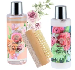 Aurora Natural Botanicals Gardenia zestaw prezentowy żel pod prysznic 150 ml + balsam do ciała 150 ml + szczotka z pumeksem