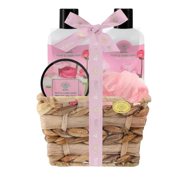 Aurora Peony & Cherry Amber zestaw prezentowy żel pod prysznic 250 ml + balsam do ciała 250 ml + sól do kąpieli 70 g + gąbka