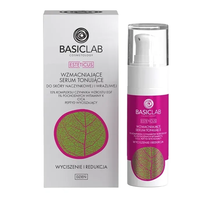 BasicLab Esteticus wzmacniające serum tonujące 15% kompleksu czynnika wzrostu EGF Wyciszenie i Redukcja 30 ml