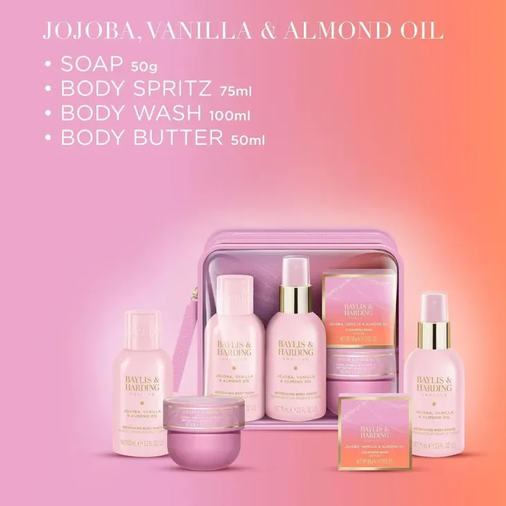 Baylis & Harding Jojoba, Vanilla & Almond Oil zestaw prezentowy płyn do mycia 100 ml + mgiełka do ciała 75 ml + masło do ciała 50 ml + mydło 50 g
