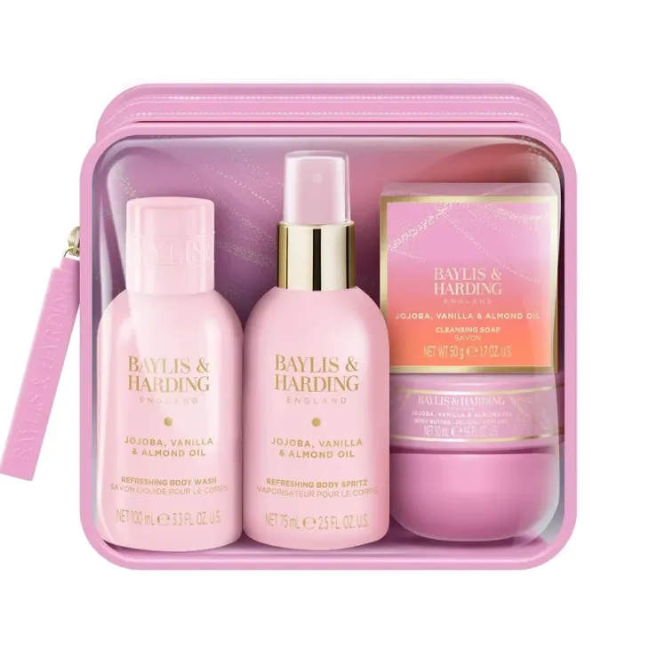 Baylis & Harding Jojoba, Vanilla & Almond Oil zestaw prezentowy płyn do mycia 100 ml + mgiełka do ciała 75 ml + masło do ciała 50 ml + mydło 50 g