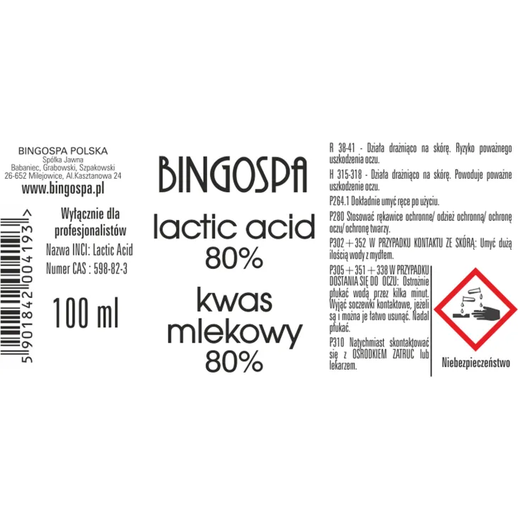 BINGOSPA kwas mlekowy 80% do pielęgnacji skóry 30 ml