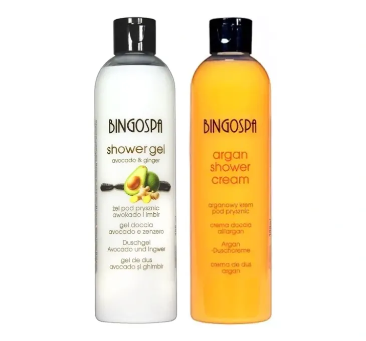 BINGOSPA zestaw żel pod prysznic Awokado i Imbir 300 ml + arganowy krem pod prysznic Brzoskwinia 300 ml