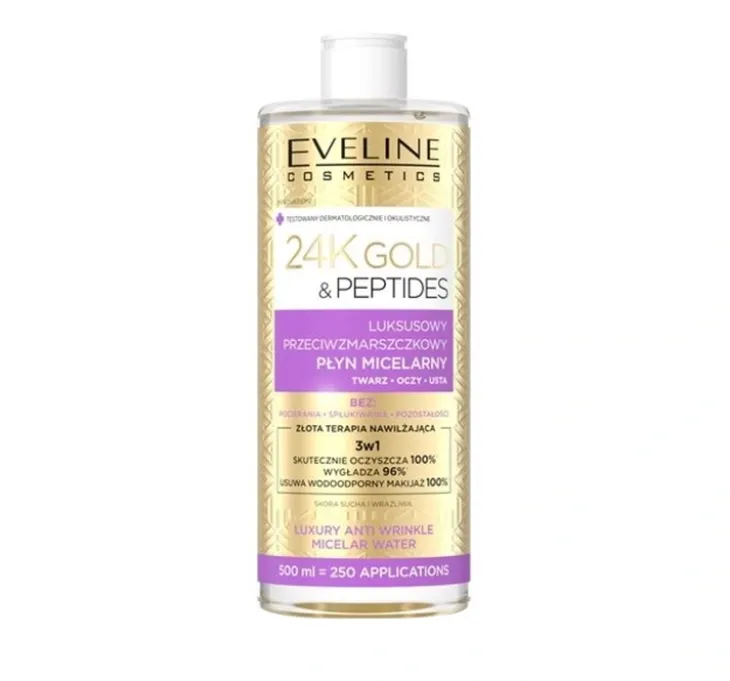 Eveline Cosmetics 24K Gold & Peptides Złota Terapia Nawilżająca 3w1 przeciwzmarszczkowy płyn micelarny 500 ml