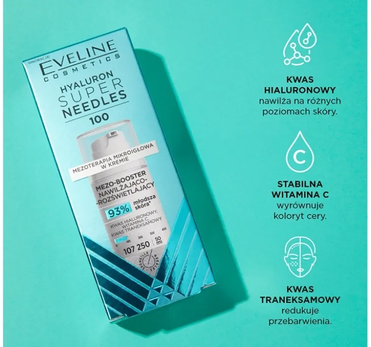 Eveline Cosmetics Super Needles Hyaluron 100 mezo-booster nawilżający krem rozświetlający 50 ml