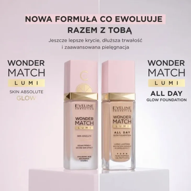 Eveline Cosmetics Wonder Match Lumi All Day Glow rozświetlający podkład w płynie z niacynamidem i PDRN 10 Vanilla 30 ml