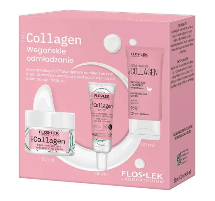 Floslek Fito Collagen Wegańskie Odmładzanie zestaw kosmetyków do pielęgnacji krem nawilżający 50 ml + krem przeciwzmarszczkowy pod oczy 30 ml + krem do rąk i paznokci 50 ml