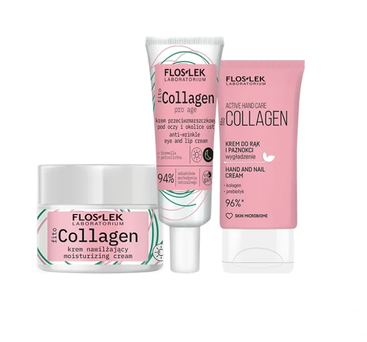 Floslek Fito Collagen Wegańskie Odmładzanie zestaw kosmetyków do pielęgnacji krem nawilżający 50 ml + krem przeciwzmarszczkowy pod oczy 30 ml + krem do rąk i paznokci 50 ml