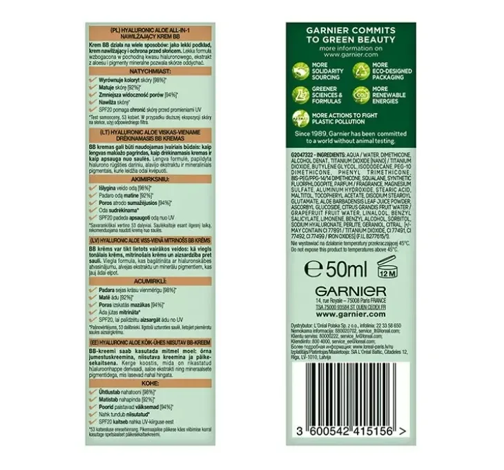 Garnier Hyaluronic Aloe All-in-1 nawilżający krem BB skóra mieszana i tłusta Light 50 ml