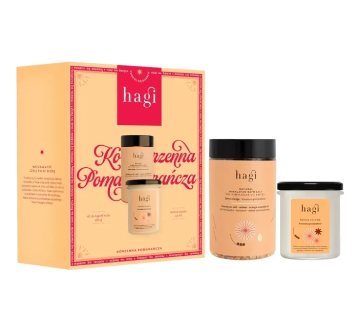Hagi Korzenna Pomarańcza świąteczny zestaw prezentowy sól do kąpieli 480 g + świeca sojowa 215 ml