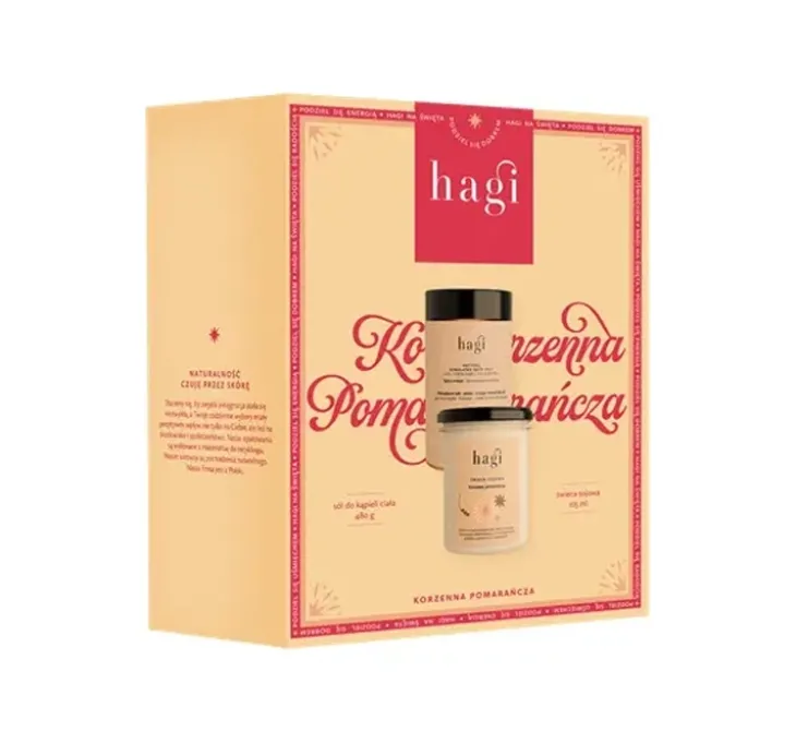 Hagi Korzenna Pomarańcza świąteczny zestaw prezentowy sól do kąpieli 480 g + świeca sojowa 215 ml