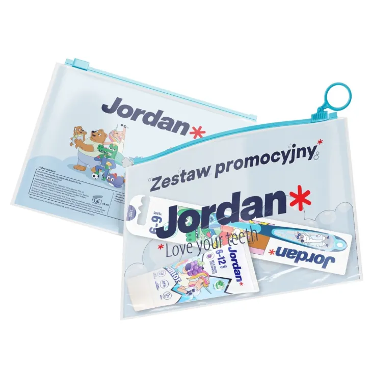 Jordan zestaw owocowa pasta do zębów 6-12 lat 50 ml + szczoteczka do zębów 6-9 lat + kosmetyczka