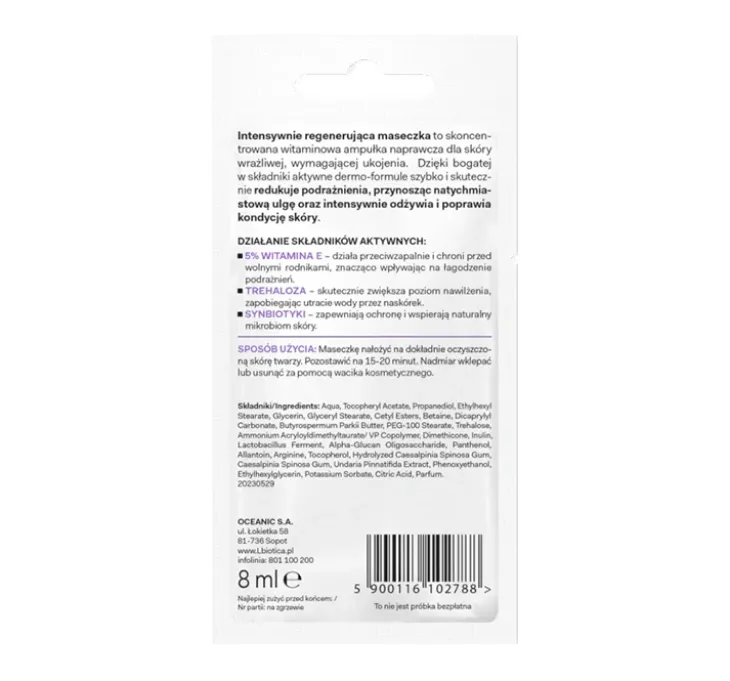L'Biotica Dermomask intensywnie regenerująca maseczka do twarzy z witaminą E 8 ml