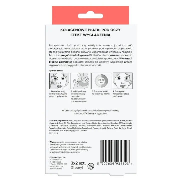 L'Biotica Home SPA kolagenowe płatki pod oczy Przeciwzmarszczkowe 3 x 2 sztuki