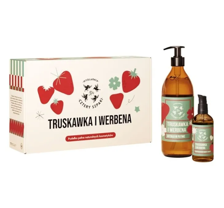 Mydlarnia Cztery Szpaki zestaw prezentowy kosmetyków naturalnych Truskawka i Werbena mydło w płynie 300 ml + olejek do masażu 100 ml