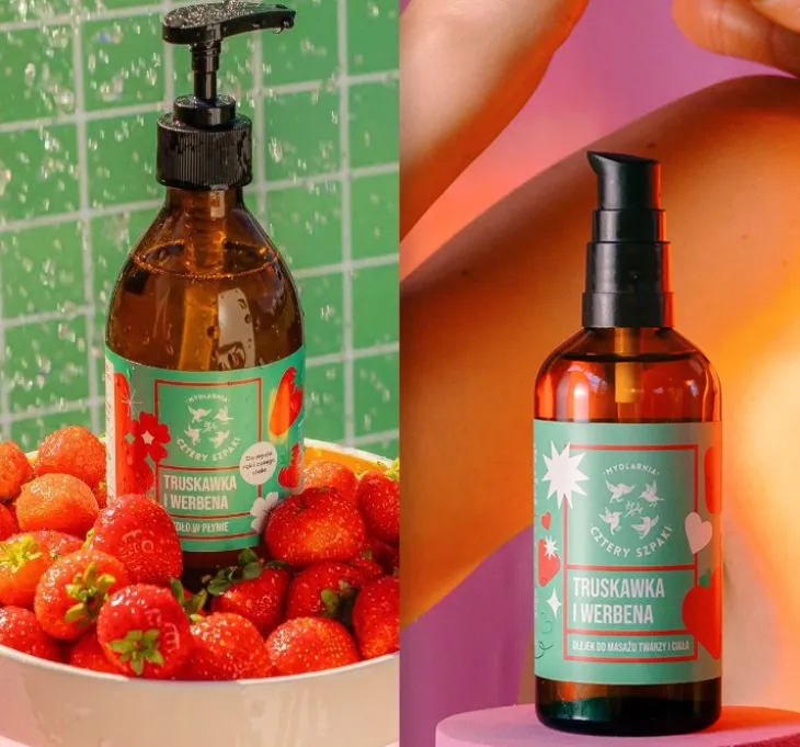 Mydlarnia Cztery Szpaki zestaw prezentowy kosmetyków naturalnych Truskawka i Werbena mydło w płynie 300 ml + olejek do masażu 100 ml