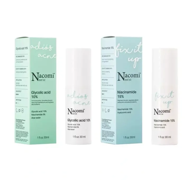 Nacomi Next Level zestaw serum Adiós Acné Kwas Glikolowy 10% + Fix It Up Niacynamide 15%