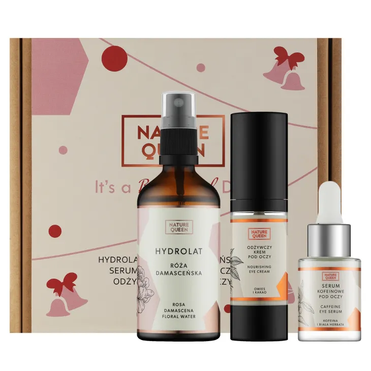 Nature Queen It's a Beautiful Day zestaw kosmetyków do twarzy hydrolat z róży demasceńskiej 100 ml + serum pod oczy 10 ml + krem pod oczy 30 ml