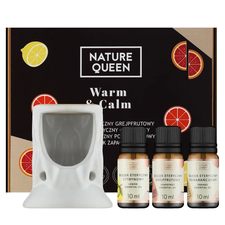 Nature Queen Warm & Calm zestaw naturalnych olejków eterycznych 3 x 10 ml + kominek zapachowy