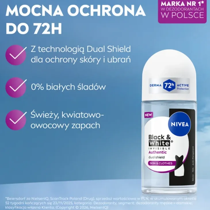 NIVEA Black & White Invisible Authentic Dual Shield Skin & Clothes antyperspirant w kulce dla kobiet 50 ml
