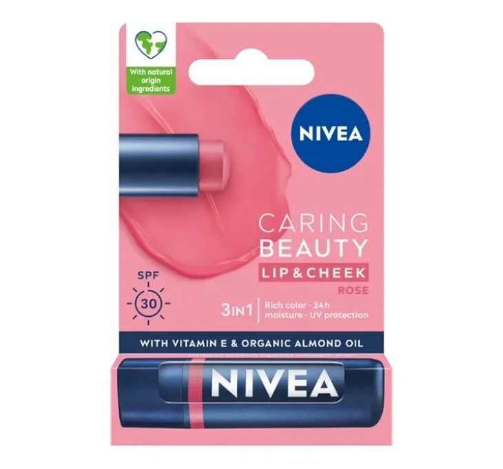 NIVEA Caring Beauty pielęgnująca pomadka do ust i policzków 3w1 Rose 4,8 g