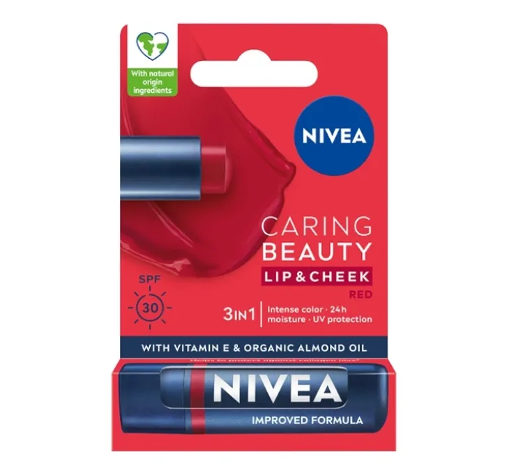 NIVEA Caring Beauty pielęgnująca pomadka do ust i policzków 3w1 Red 4,8 g