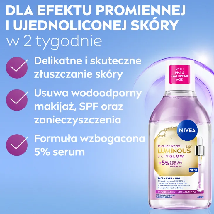 NIVEA Luminous630 Skin Glow płyn micelarny z 5% serum PHA i kwasem hialuronowym 400 ml