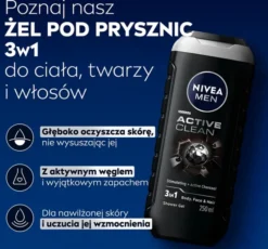 NIVEA MEN Active Clean żel pod prysznic do twarzy ciała i włosów 3w1 250 ml