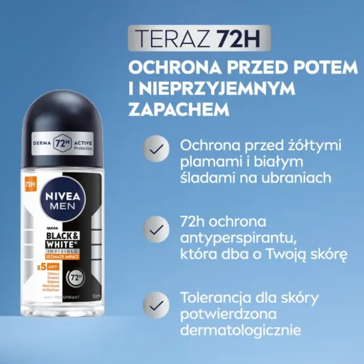 NIVEA MEN Black&White Invisible Ultimate Impact antyperspirant roll-on dla mężczyzn 50 ml