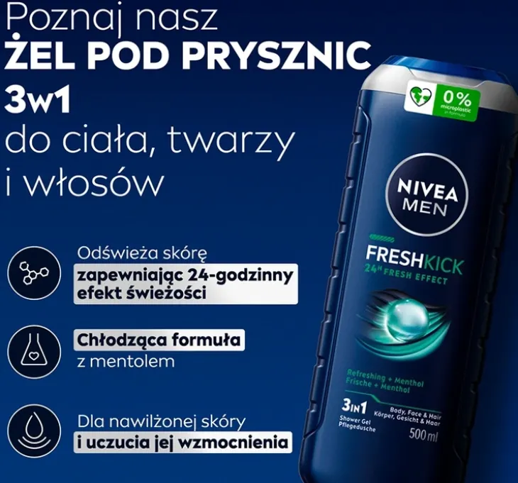 NIVEA MEN Fresh Kick chłodzący żel pod prysznic do twarzy ciała i włosów 500 ml