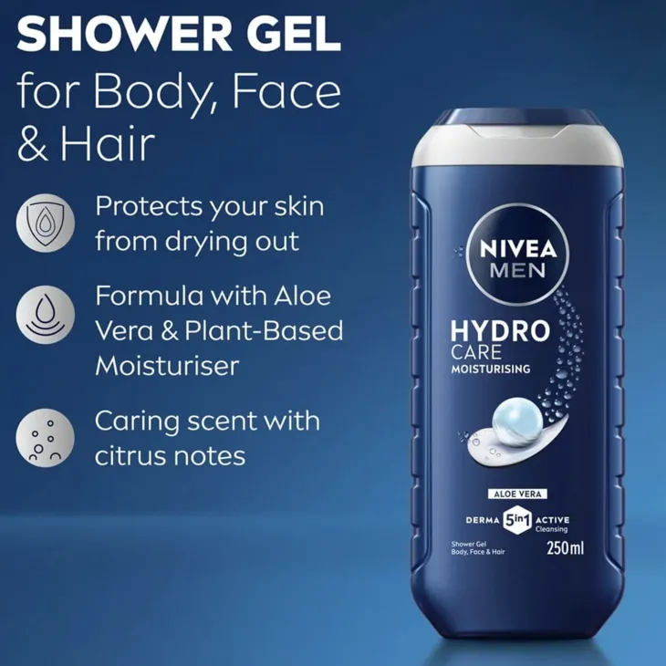 NIVEA MEN HydroCare nawilżający żel pod prysznic z aloesem dla mężczyzn 5w1 250 ml