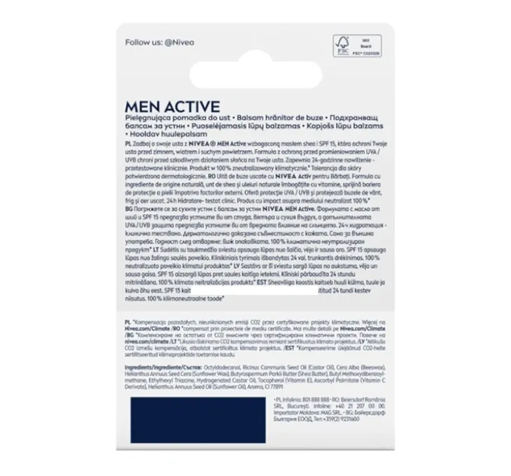 NIVEA MEN pielęgnująca pomadka do ust SPF15 Active 4,8 ml