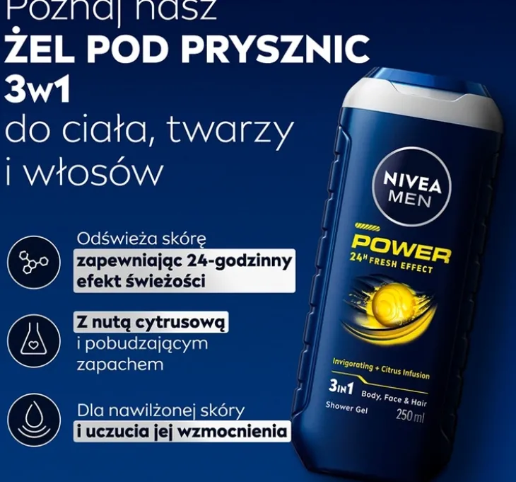 NIVEA MEN Power Fresh żel pod prysznic 3w1 dla mężczyzn 500 ml