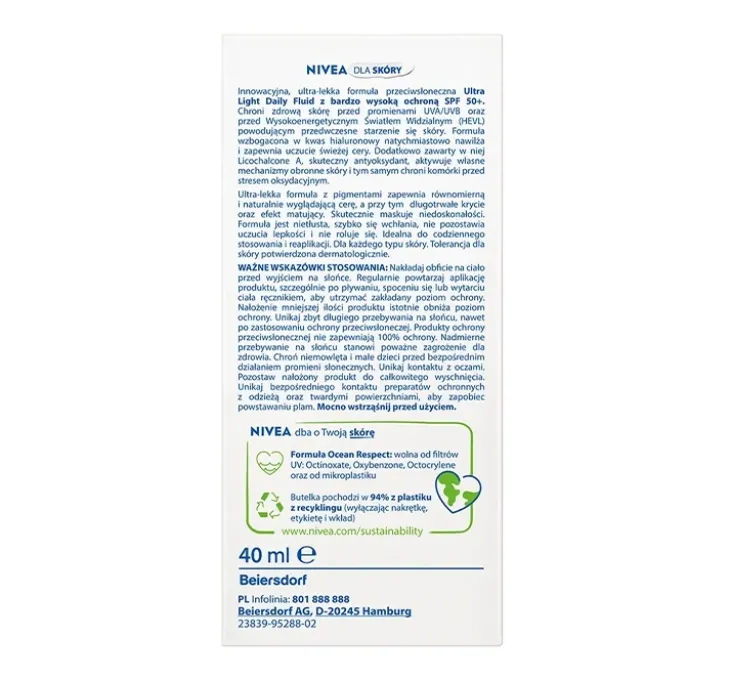 NIVEA SUN Ultra Light Daily Fluid krem do twarzy przeciwsłoneczny z pigmentem SPF50+ Light Tinted 40 ml