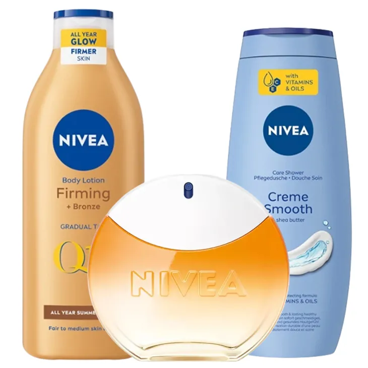 NIVEA zestaw dla kobiet woda toaletowa SUN 30 ml + balsam Q10 Firming + Bronze 400 ml + żel pod prysznic Creme Smooth 500 ml