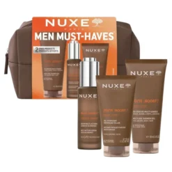 Nuxe Men Boost Must-Haves zestaw do pielęgnacji dla mężczyzn serum 30 ml + żel do twarzy 50 ml + żel pod prysznic 100 ml + kosmetyczka