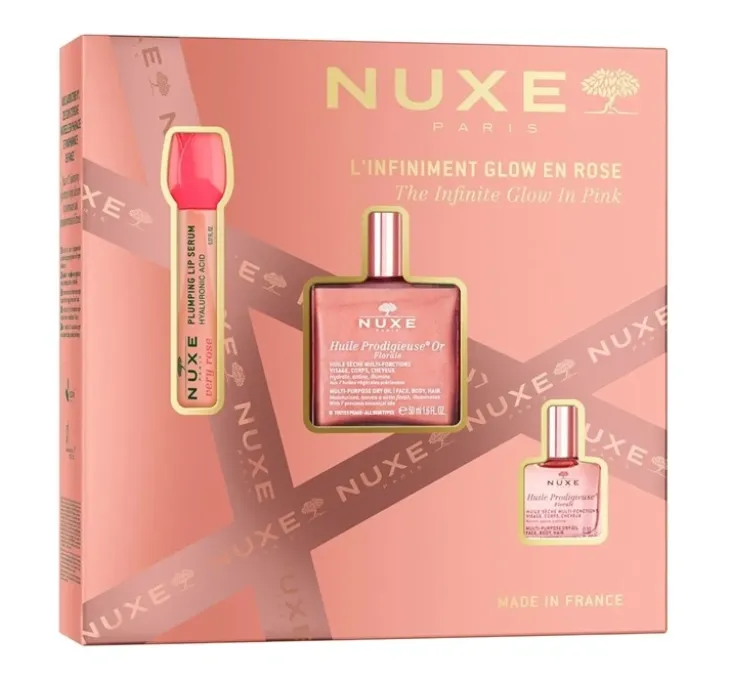Nuxe The Infinite Glow In Pink zestaw prezentowy olejek 50 ml + serum do ust 8 ml + mini olejek 10 ml