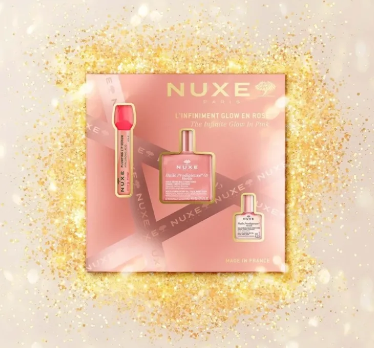 Nuxe The Infinite Glow In Pink zestaw prezentowy olejek 50 ml + serum do ust 8 ml + mini olejek 10 ml