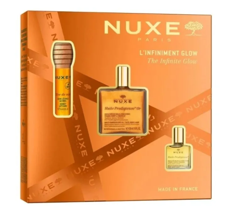 Nuxe The Infinite Glow zestaw prezentowy olejek 50 ml + serum do ust 10 ml + mini olejek 10 ml