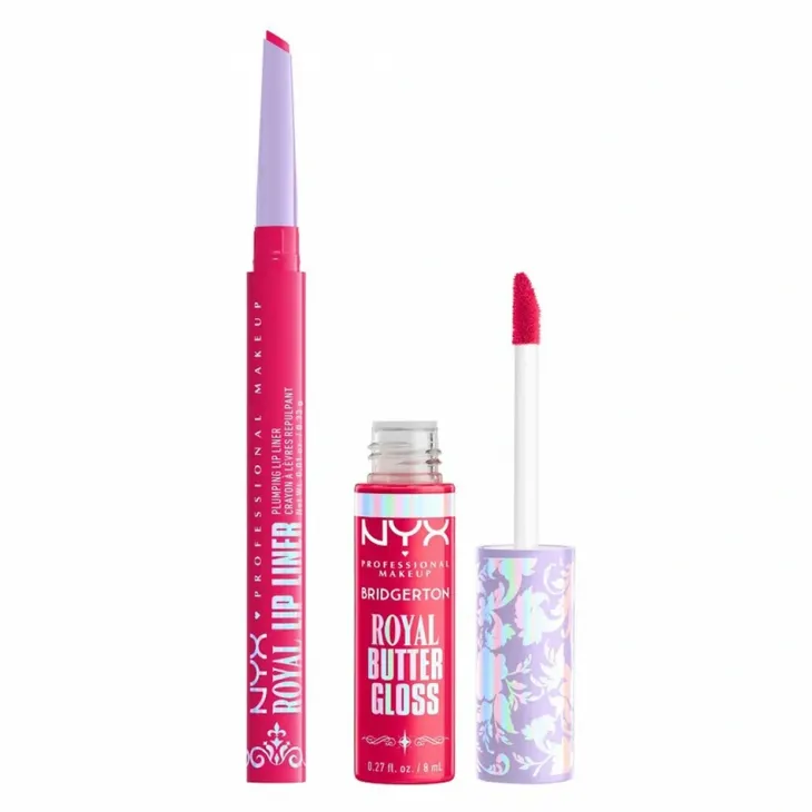 NYX Professional Makeup Bridgerton Royal Treasures Lip Kit 03 zestaw do makijażu ust błyszczyk Royal Butter Gloss Summer Fruit 8 ml + konturówka Royal Lip Liner Rumour Has It 0,33 g