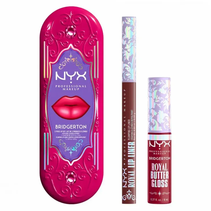 NYX Professional Makeup Bridgerton Royal Treasures Lip Kit 05 zestaw do makijażu ust błyszczyk Royal Butter Gloss Cherry Courtship 8 ml + konturówka Royal Lip Liner Berry of the Ball 0,33 g