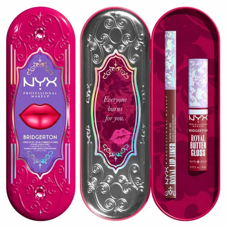 NYX Professional Makeup Bridgerton Royal Treasures Lip Kit 05 zestaw do makijażu ust błyszczyk Royal Butter Gloss Cherry Courtship 8 ml + konturówka Royal Lip Liner Berry of the Ball 0,33 g