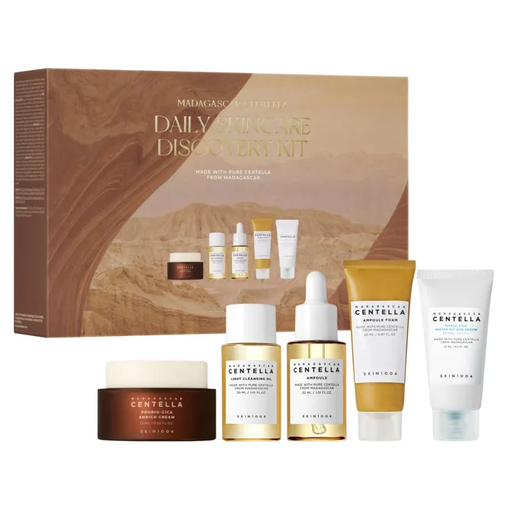 SKIN1004 Madagascar Centella Daily Skincare Discovery Kit zestaw kosmetyków do pielęgnacji pianka 20 ml + olejek 30 ml + ampułka 30 ml + krem 15 ml + krem przeciwsłoneczny 15 ml