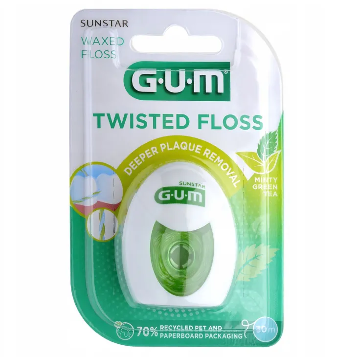 Sunstar GUM Twisted Floss woskowana nić dentystyczna o smaku mięty i zielonej herbaty 30 m